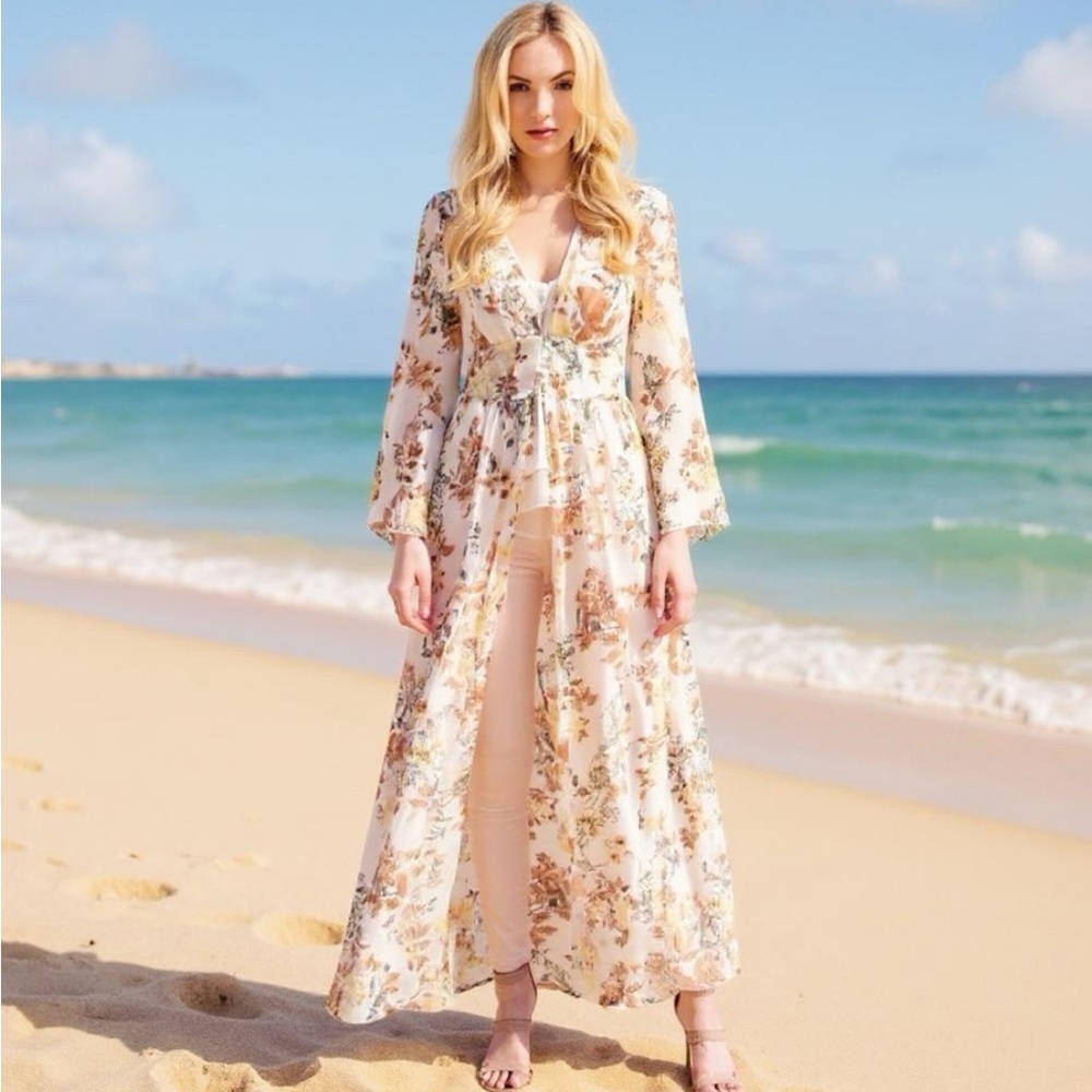 Festival Bohemian Sheer Floral Duster in Buttermilk